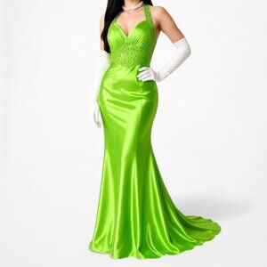 Adrianna Papell Green Sequin Satin Maxi Formal Prom Cocktail Dress Size S
